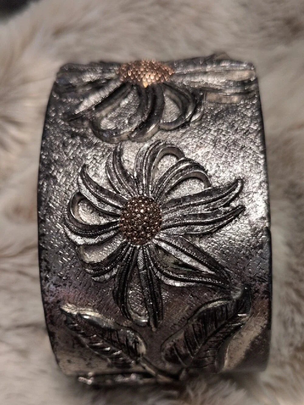 Heavy Vintage Mixed Metal Wide Daisy Flower Statement Cuff Bracelet